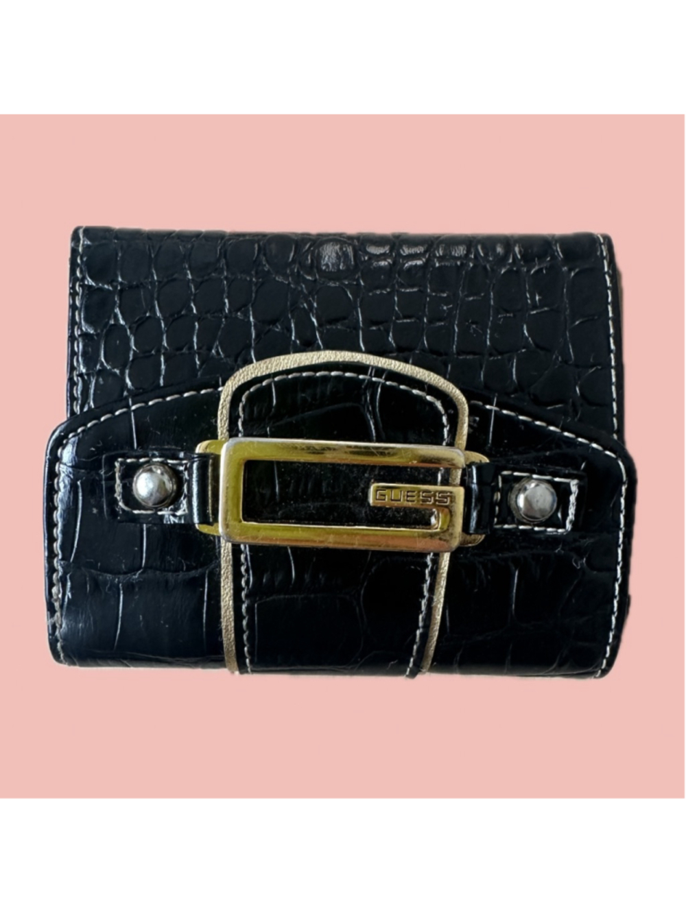 Guess Croc Embossed Wallet Black – Y2K Buckle Detail Compact Wallet